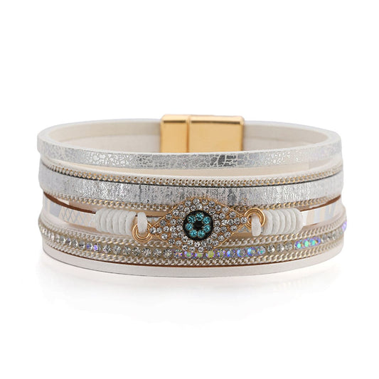 White Polystyrene and Cubic Zirconia 18K Gold-Plated Eye Layered Bracelet, gold bracelet for women, front view