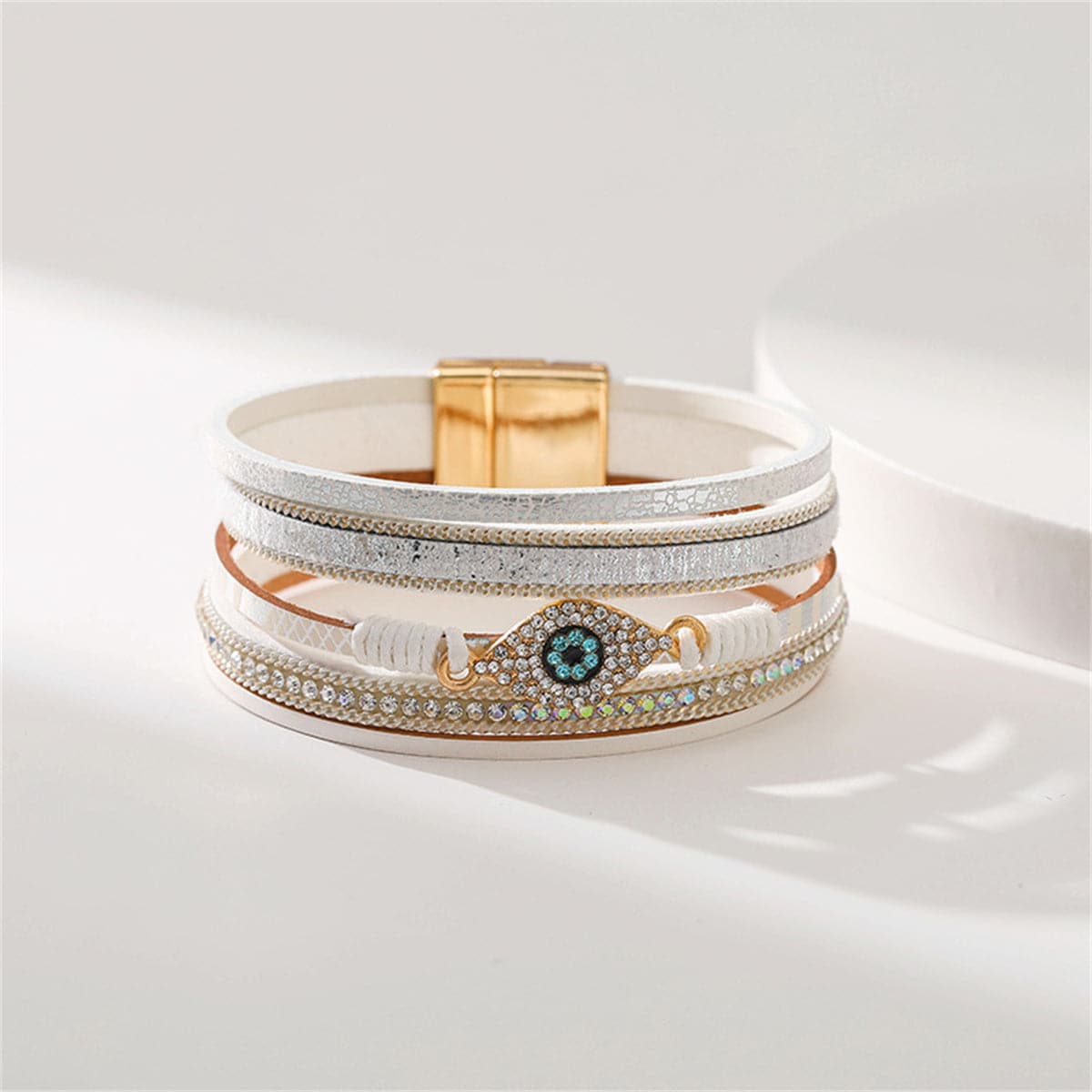 White Polystyrene & Cubic Zirconia 18K Gold-Plated Eye Layered Bracelet