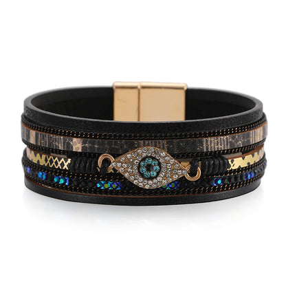 Blue Cubic Zirconia and Black Polystyrene Evil Eye Layered Bracelet, bracelet for women, vintage-inspired design, front view