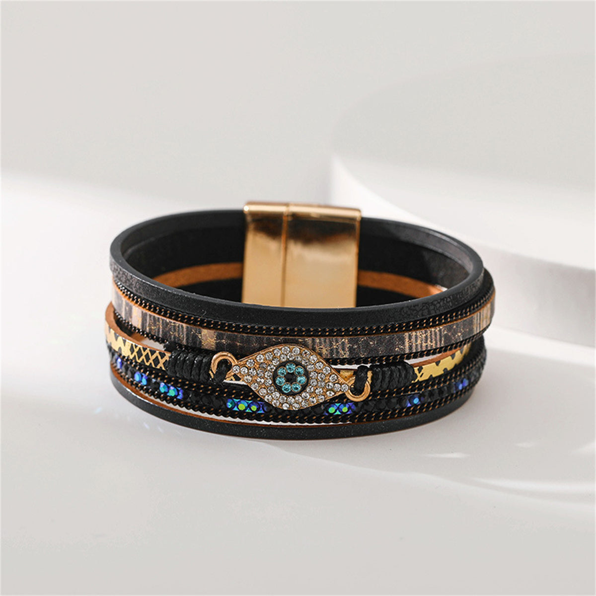Blue Cubic Zirconia and Black Polystyrene Evil Eye Layered Bracelet, bracelet for women, detail close-up