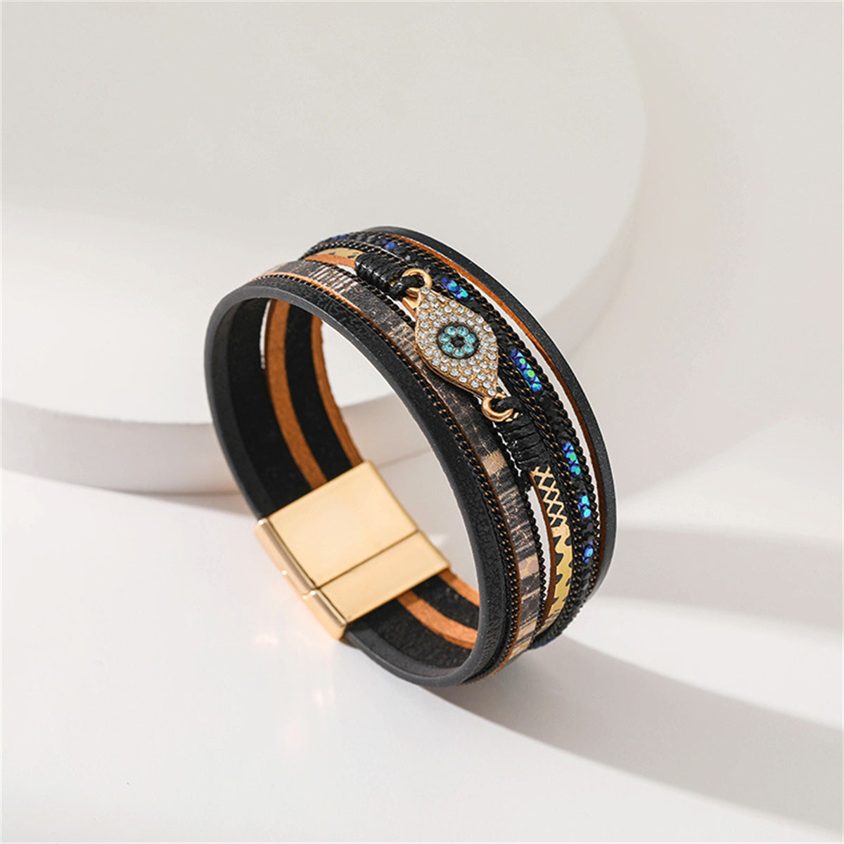 Blue Cubic Zirconia and Black Polystyrene Evil Eye Layered Bracelet, bracelet for women, lifestyle look