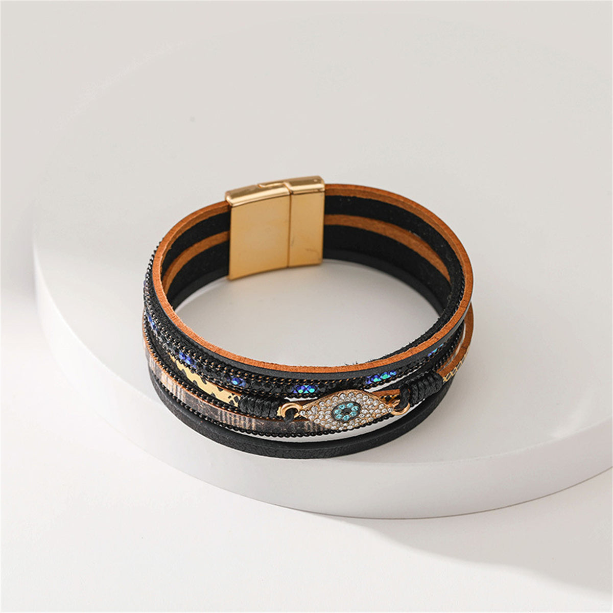 Blue Cubic Zirconia and Black Polystyrene Evil Eye Layered Bracelet, bracelet for women, vintage-inspired design, side view