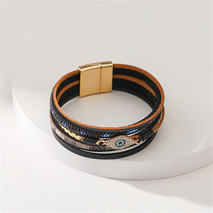 Blue Cubic Zirconia and Black Polystyrene Evil Eye Layered Bracelet, bracelet for women, vintage-inspired design, side view