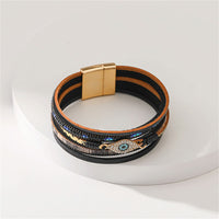 Blue Cubic Zirconia & Black Faux Leather Evil Eye Layered Bracelet