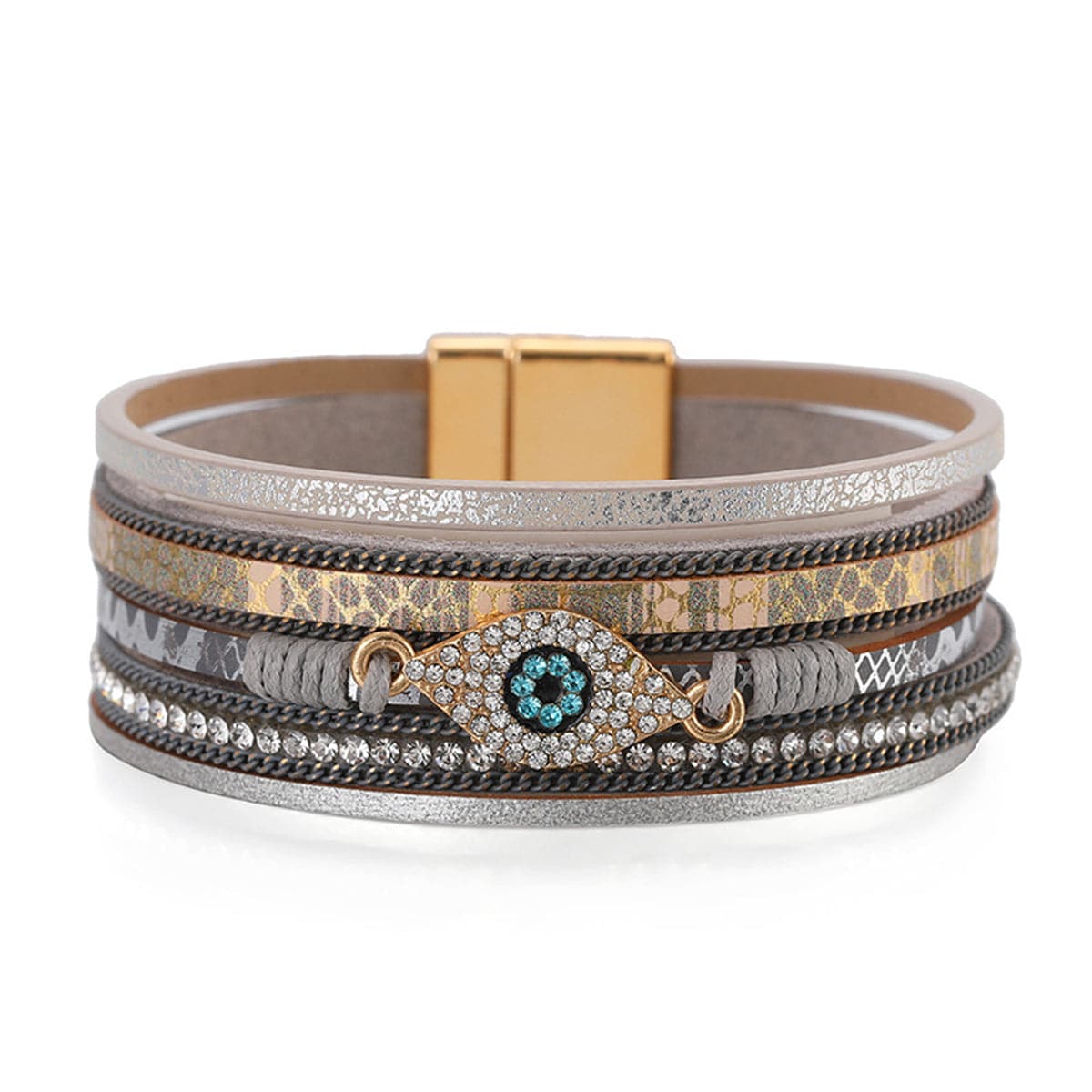 Pink Polystyrene and Cubic Zirconia 18K Gold-Plated Eye Layered Bracelet, gold bracelet for women, front view