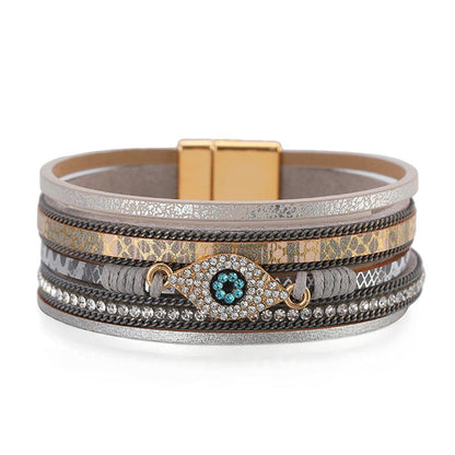 Pink Polystyrene and Cubic Zirconia 18K Gold-Plated Eye Layered Bracelet, gold bracelet for women, front view