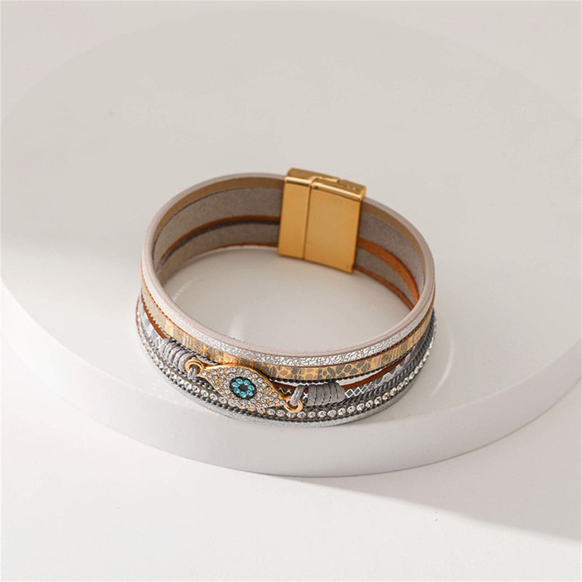 Pink Polystyrene and Cubic Zirconia 18K Gold-Plated Eye Layered Bracelet, gold bracelet for women, side view