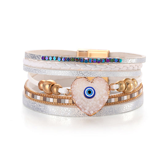 White Polystyrene and Resin 18K Gold-Plated Evil Eye Hear Layered Bracelet, gold bracelet for women, front view