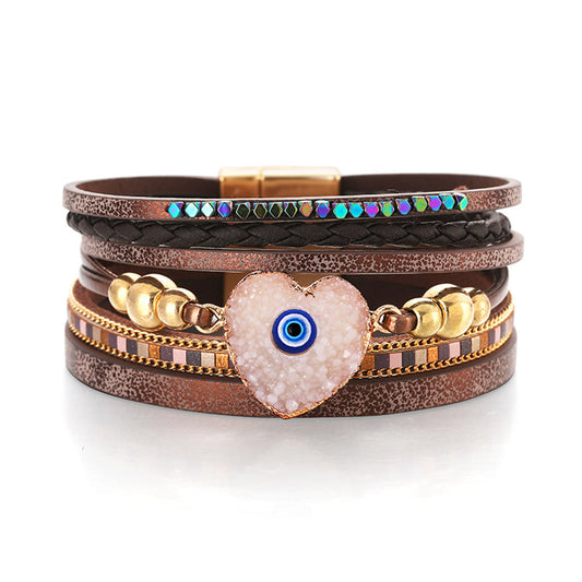Brown Polystyrene and Resin 18K Gold-Plated Evil Eye Hear Layered Bracelet, gold bracelet for women, front view