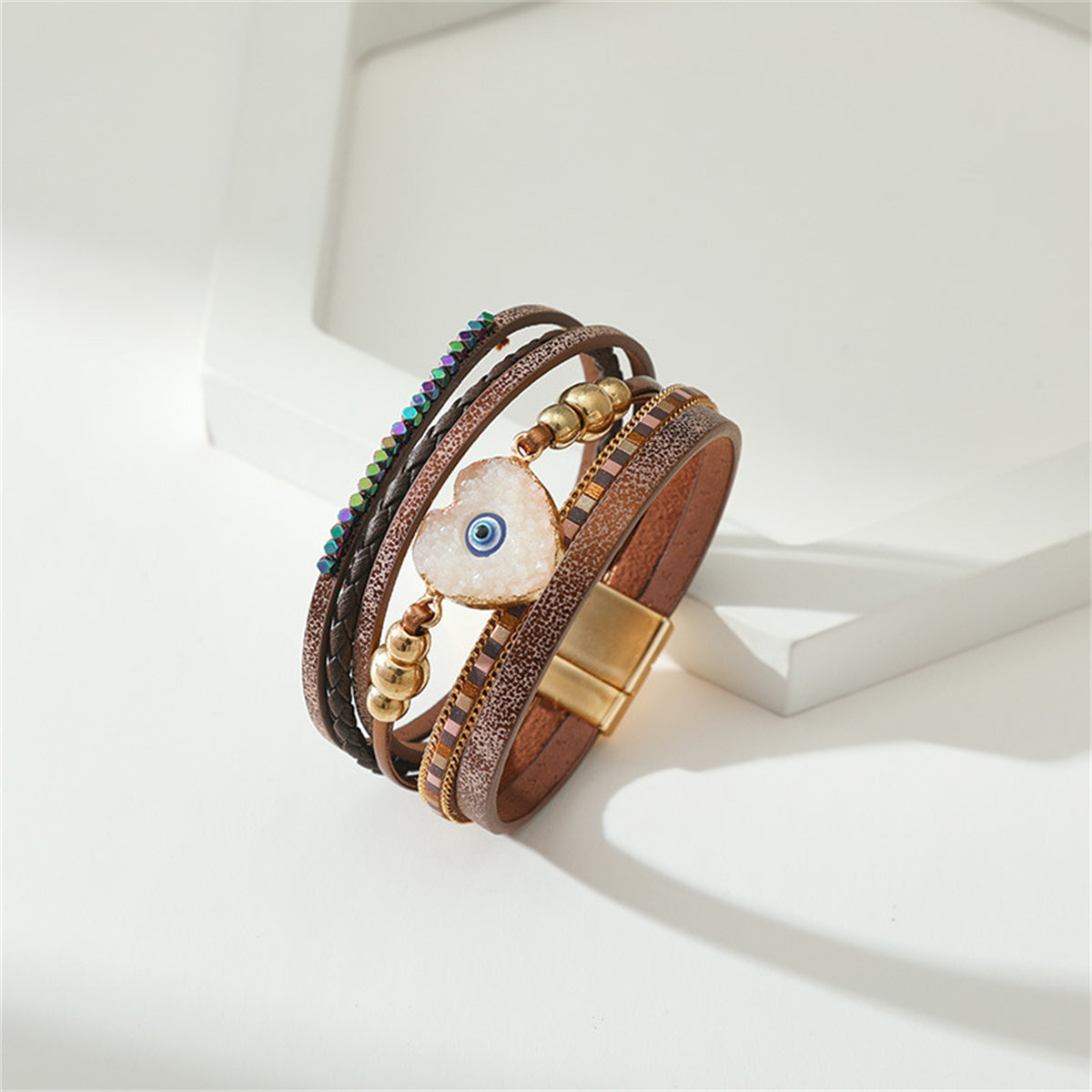 Brown Polystyrene & Resin 18K Gold-Plated Evil Eye Hear Layered Bracelet