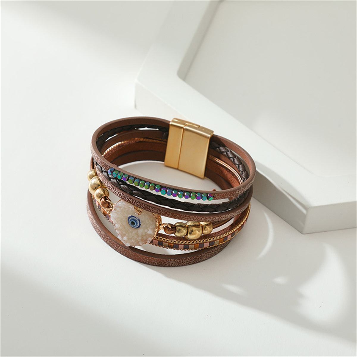 Brown Polystyrene & Resin 18K Gold-Plated Evil Eye Hear Layered Bracelet