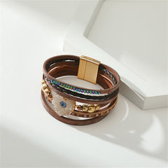 Brown Polystyrene & Resin 18K Gold-Plated Evil Eye Hear Layered Bracelet