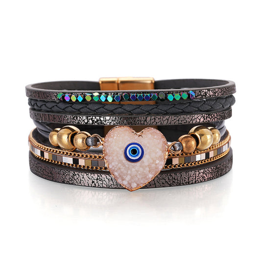 Gray and 18K Gold-Plated Heart Evil Eye Layered Bracelet, gold bracelet for women, dainty minimalist design, front view