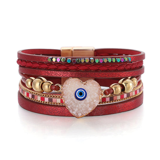 Red Polystyrene and Resin 18K Gold-Plated Heart Evil Eye Layered Bracelet, gold bracelet for women, front view
