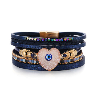 Navy Polystyrene and White Resin 18K Gold-Plated Evil Eye Hear Layered Bracelet, gold bracelet for women, front view