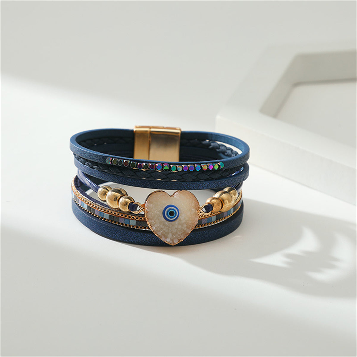 Navy Polystyrene and White Resin 18K Gold-Plated Evil Eye Hear Layered Bracelet, gold bracelet for women, detail close-up