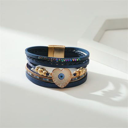 Navy Polystyrene and White Resin 18K Gold-Plated Evil Eye Hear Layered Bracelet, gold bracelet for women, detail close-up