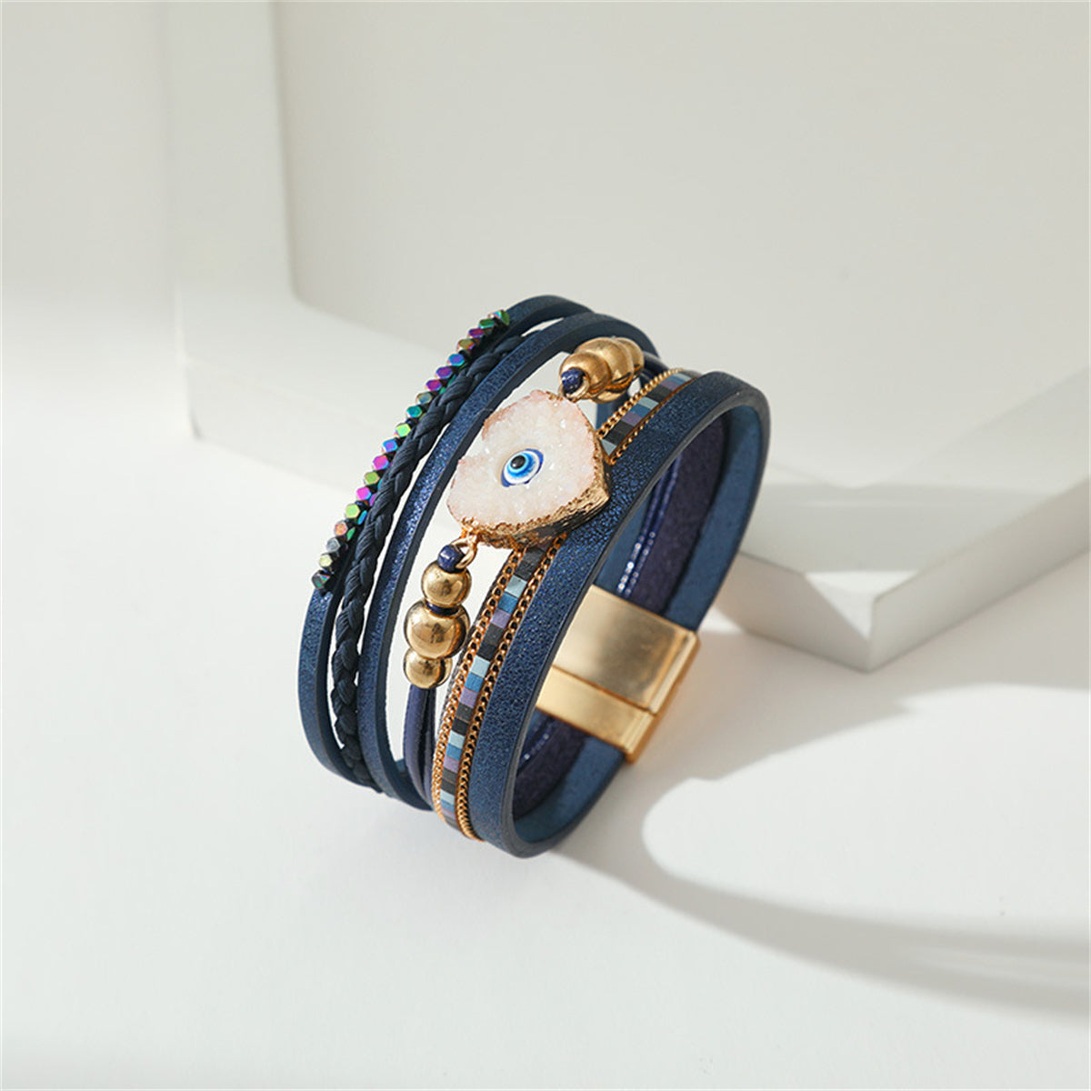 Navy Polystyrene and White Resin 18K Gold-Plated Evil Eye Hear Layered Bracelet, gold bracelet for women, lifestyle look