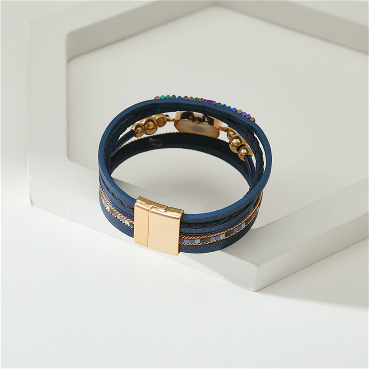 Navy Polystyrene and White Resin 18K Gold-Plated Evil Eye Hear Layered Bracelet, gold bracelet for women, styled look