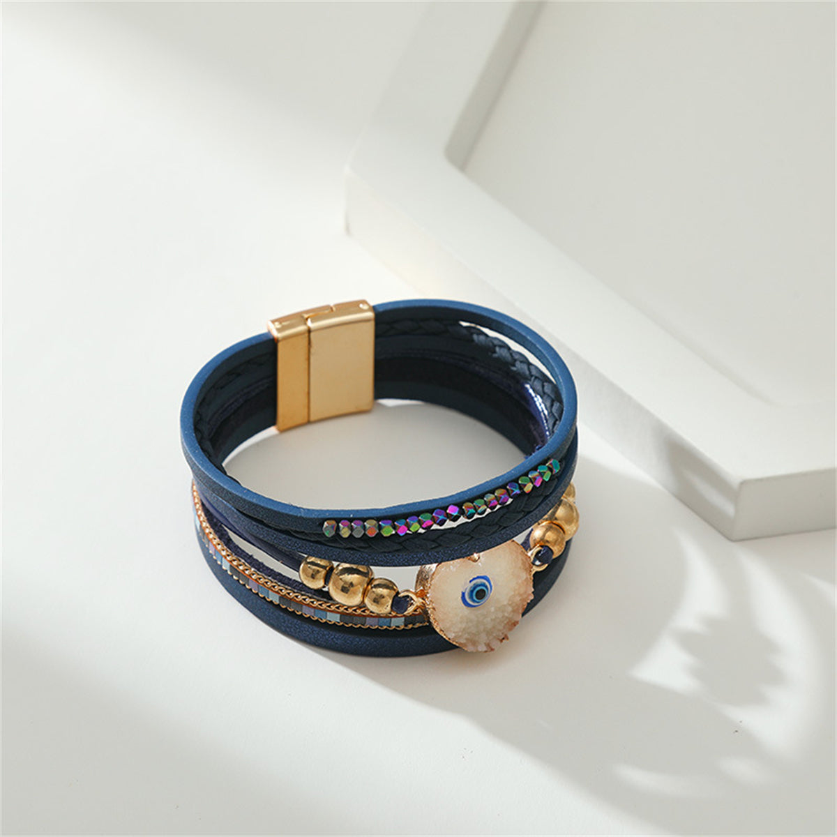 Navy Polystyrene and White Resin 18K Gold-Plated Evil Eye Hear Layered Bracelet, gold bracelet for women, side view