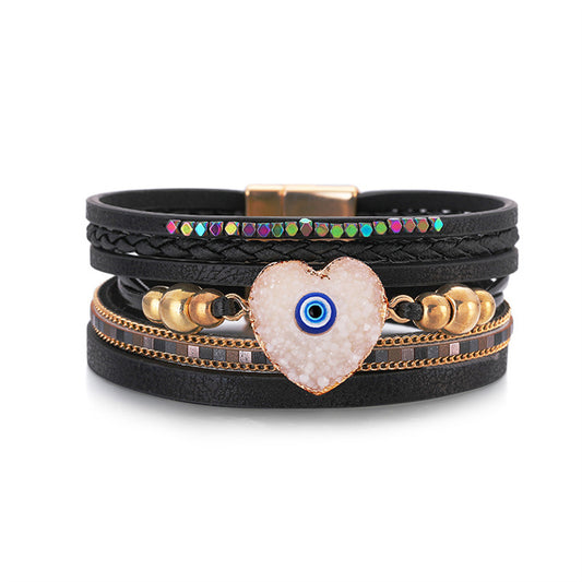 Black White and 18K Gold-Plated Evil Eye Hear Layered Bracelet, gold bracelet for women, botanical inspired, front view