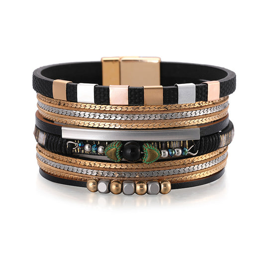 Black and 18K Gold-Plated Layered Beaded Bracelet, gold bracelet for women, everyday style, front view