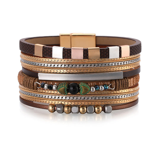Brown Polystyrene and 18K Gold-Plated Layered Beaded Bracelet, gold bracelet for women, vintage-inspired design, front view