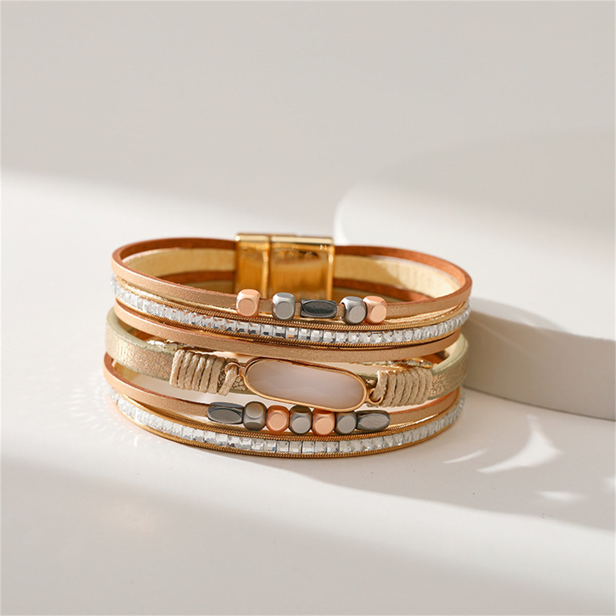 Champagne Polystyrene and Crystal 18K Gold-Plated Layered Bracelet, gold bracelet for women, lifestyle look