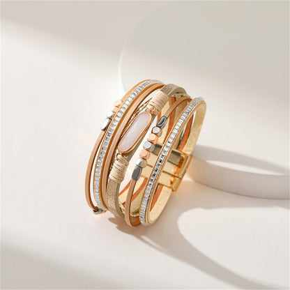 Champagne Polystyrene and Crystal 18K Gold-Plated Layered Bracelet, gold bracelet for women, detail close-up