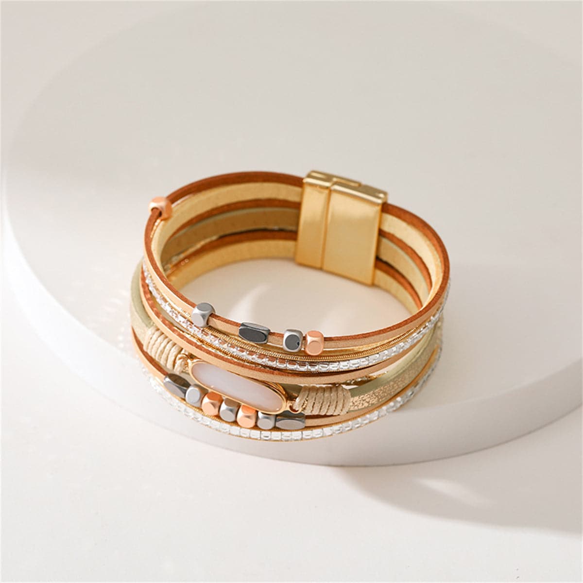 Champagne Polystyrene and Crystal 18K Gold-Plated Layered Bracelet, gold bracelet for women, side view