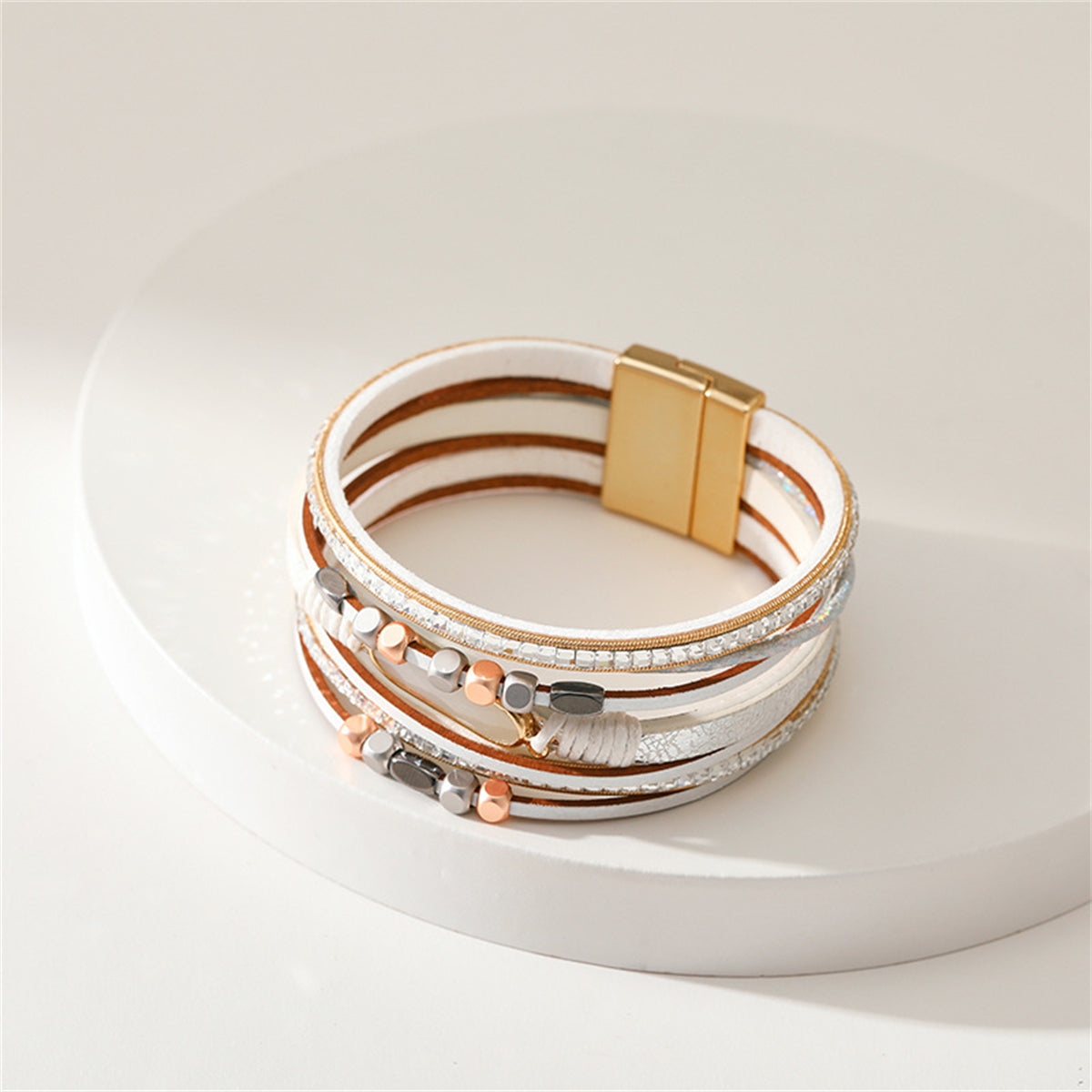 Crystal and Blush Polystyrene 18K Gold-Plated Multistrand Bracelet, gold bracelet for women, elegant gift for her, side view