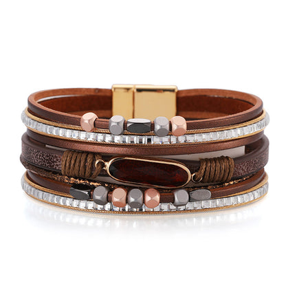 Crystal and Brown Polystyrene 18K Gold-Plated Multistrand Bracelet, gold bracelet for women, botanical inspired, front view