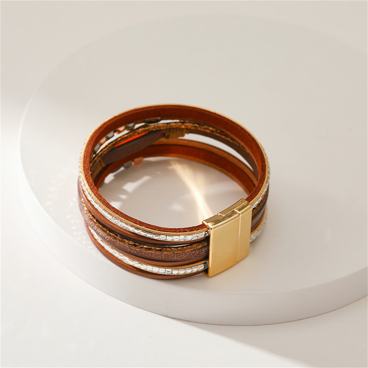 Crystal and Brown Polystyrene 18K Gold-Plated Multistrand Bracelet, gold bracelet for women, botanical inspired, styled look