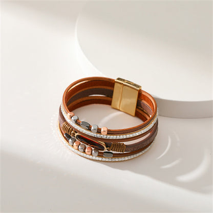 Crystal and Brown Polystyrene 18K Gold-Plated Multistrand Bracelet, gold bracelet for women, botanical inspired, side view