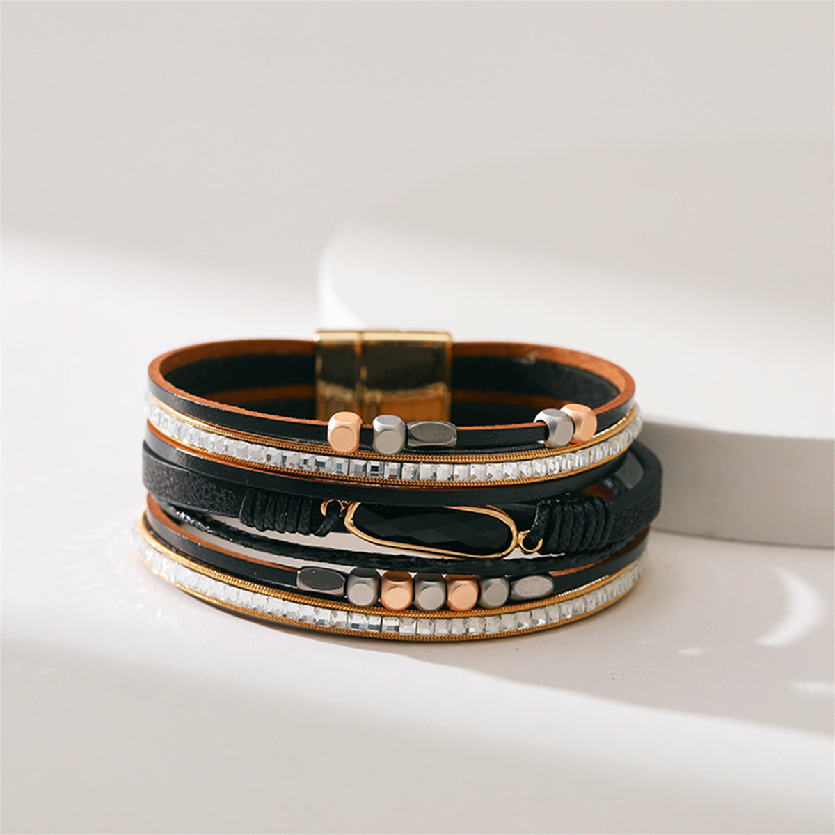 Crystal and Black Multistrand Bracelet, bracelet for women, botanical inspired, styled look