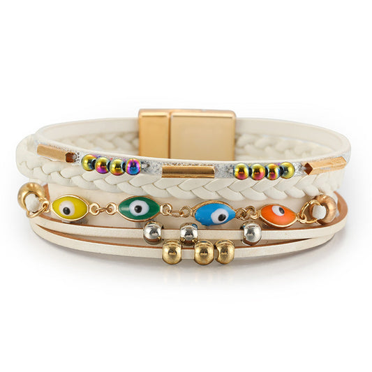 Cream Polystyrene and Enamel 18K Gold-Plated Evil Eye Multistrand Bracelet, gold bracelet for women, front view