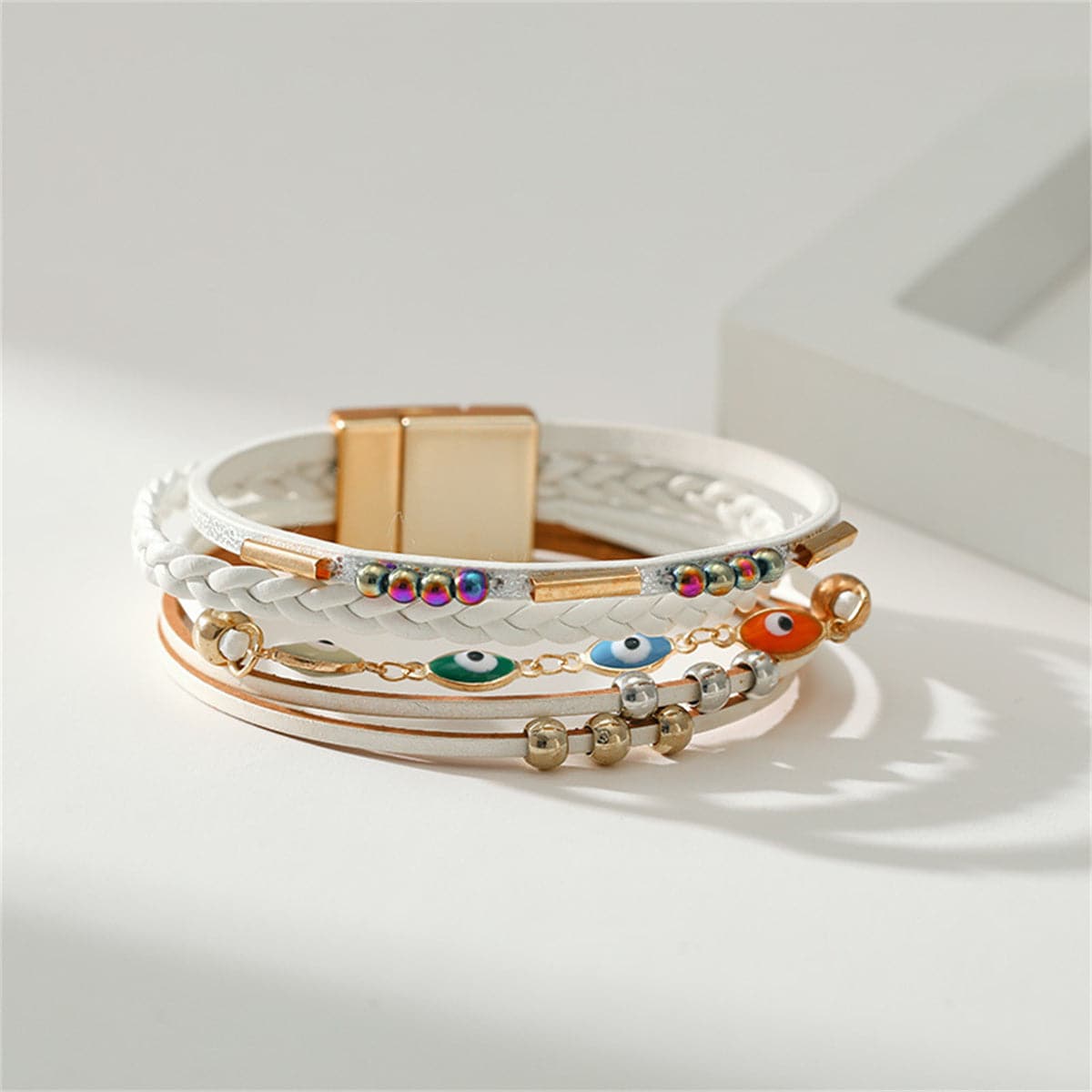 Cream Polystyrene & Enamel 18K Gold-Plated Evil Eye Multistrand Bracelet