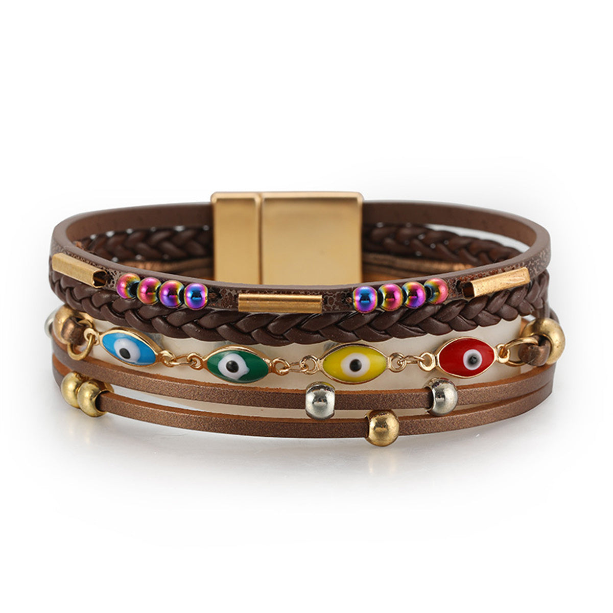 Brown Polystyrene and Enamel 18K Gold-Plated Evil Eye Multistrand Bracelet, gold bracelet for women, front view