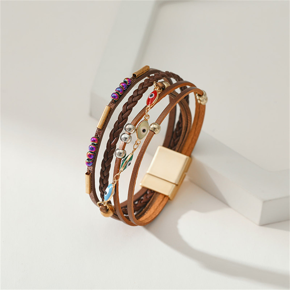 Brown Polystyrene and Enamel 18K Gold-Plated Evil Eye Multistrand Bracelet, gold bracelet for women, side view