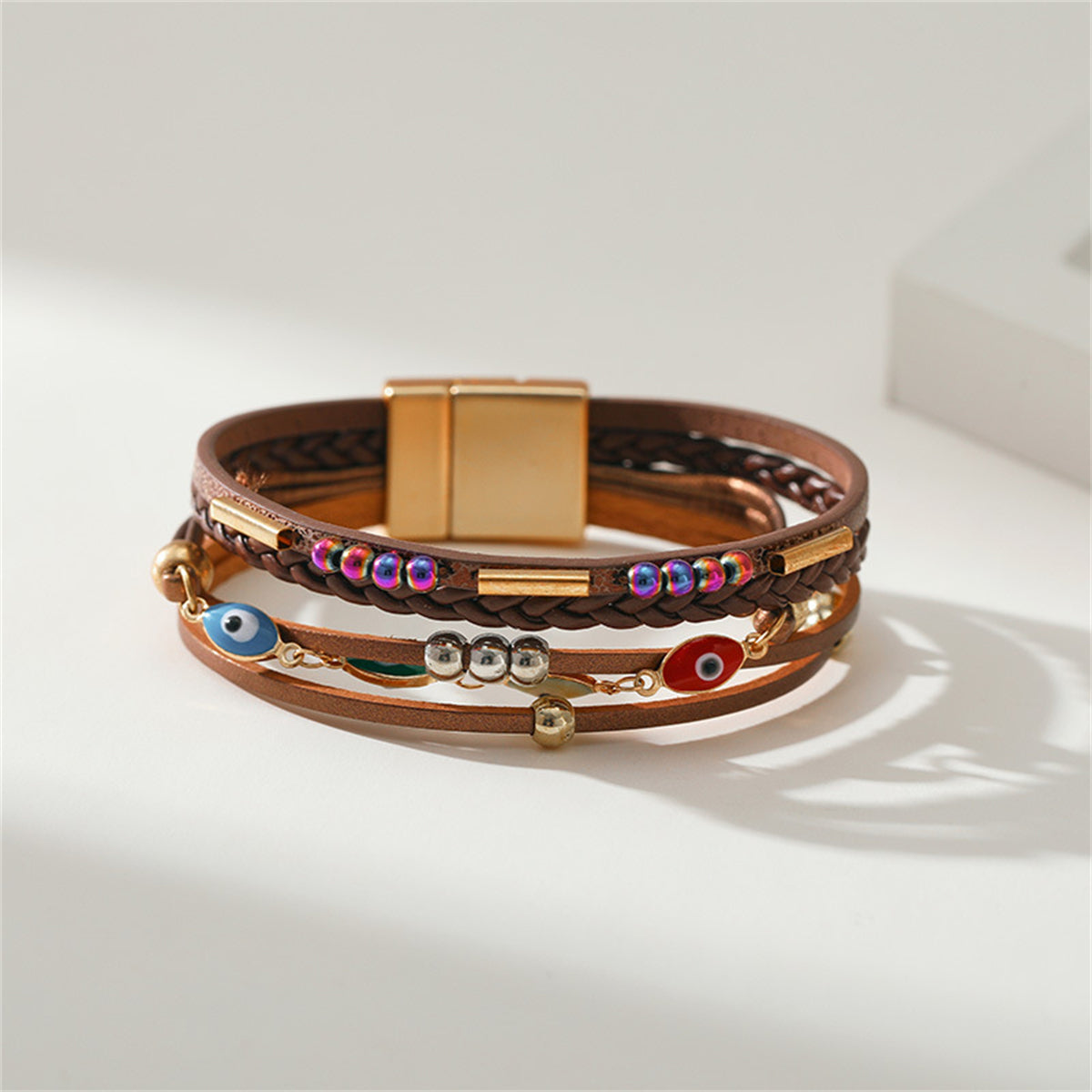 Brown Polystyrene and Enamel 18K Gold-Plated Evil Eye Multistrand Bracelet, gold bracelet for women, detail close-up