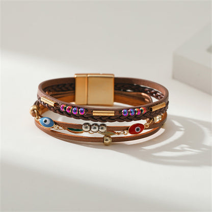 Brown Polystyrene and Enamel 18K Gold-Plated Evil Eye Multistrand Bracelet, gold bracelet for women, detail close-up