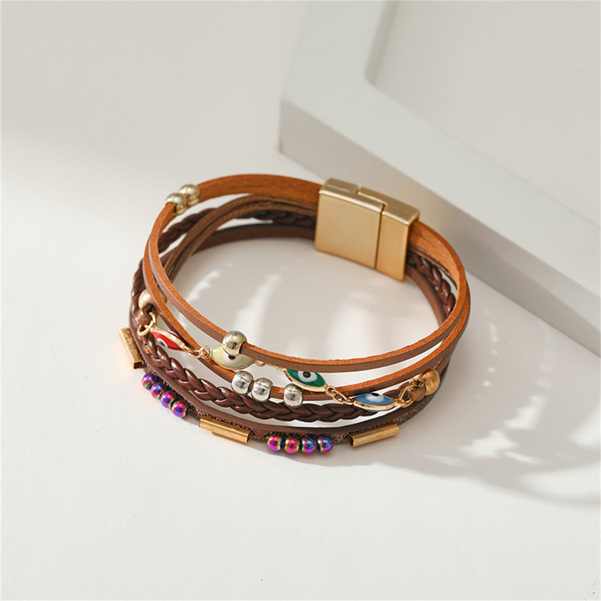 Brown Polystyrene and Enamel 18K Gold-Plated Evil Eye Multistrand Bracelet, gold bracelet for women, lifestyle look