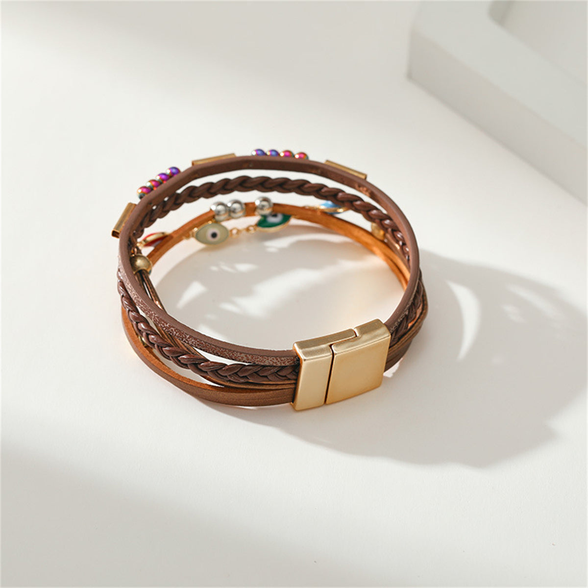 Brown Polystyrene and Enamel 18K Gold-Plated Evil Eye Multistrand Bracelet, gold bracelet for women, styled look