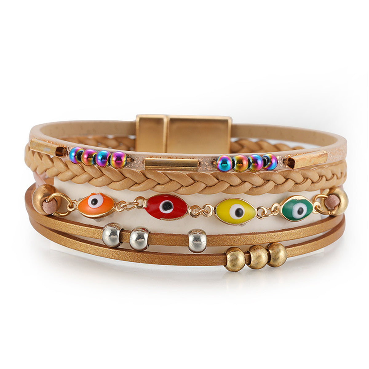 Light Brown Polystyrene and Enamel 18K Gold-Plated Evil Eye Multistrand Bracelet, gold bracelet for women, front view