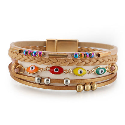 Light Brown Polystyrene and Enamel 18K Gold-Plated Evil Eye Multistrand Bracelet, gold bracelet for women, front view