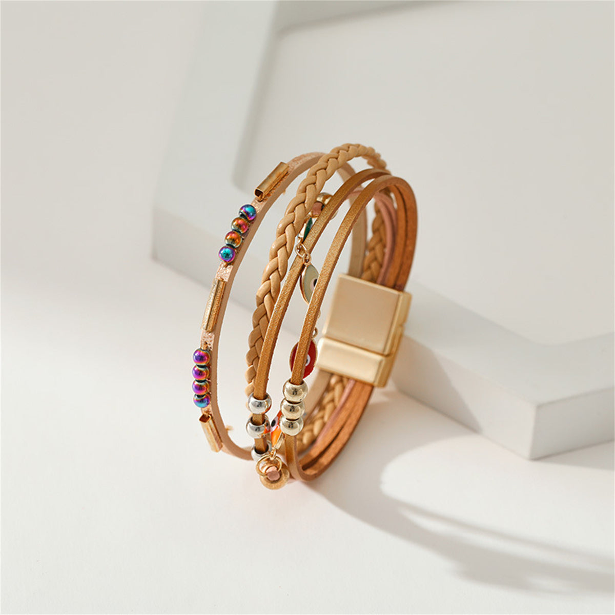 Light Brown Polystyrene and Enamel 18K Gold-Plated Evil Eye Multistrand Bracelet, gold bracelet for women, side view