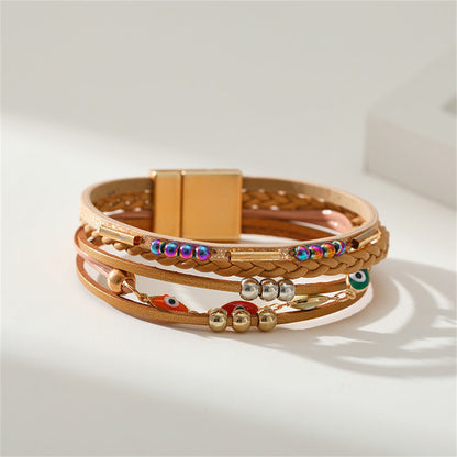 Light Brown Polystyrene and Enamel 18K Gold-Plated Evil Eye Multistrand Bracelet, gold bracelet for women, detail close-up