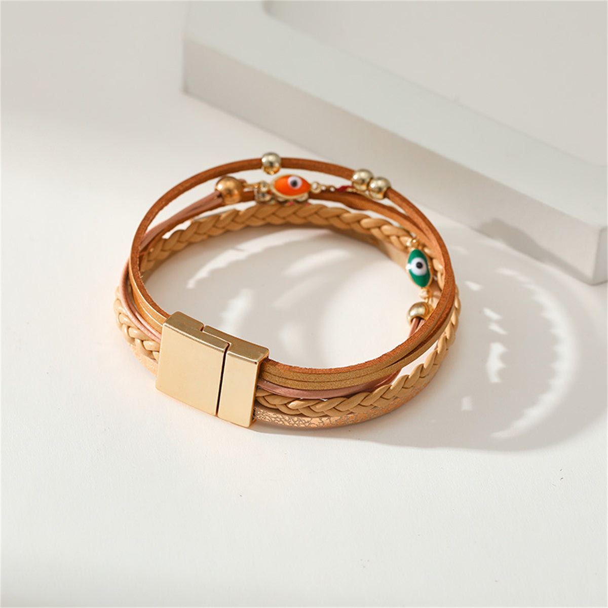 Light Brown Polystyrene and Enamel 18K Gold-Plated Evil Eye Multistrand Bracelet, gold bracelet for women, styled look