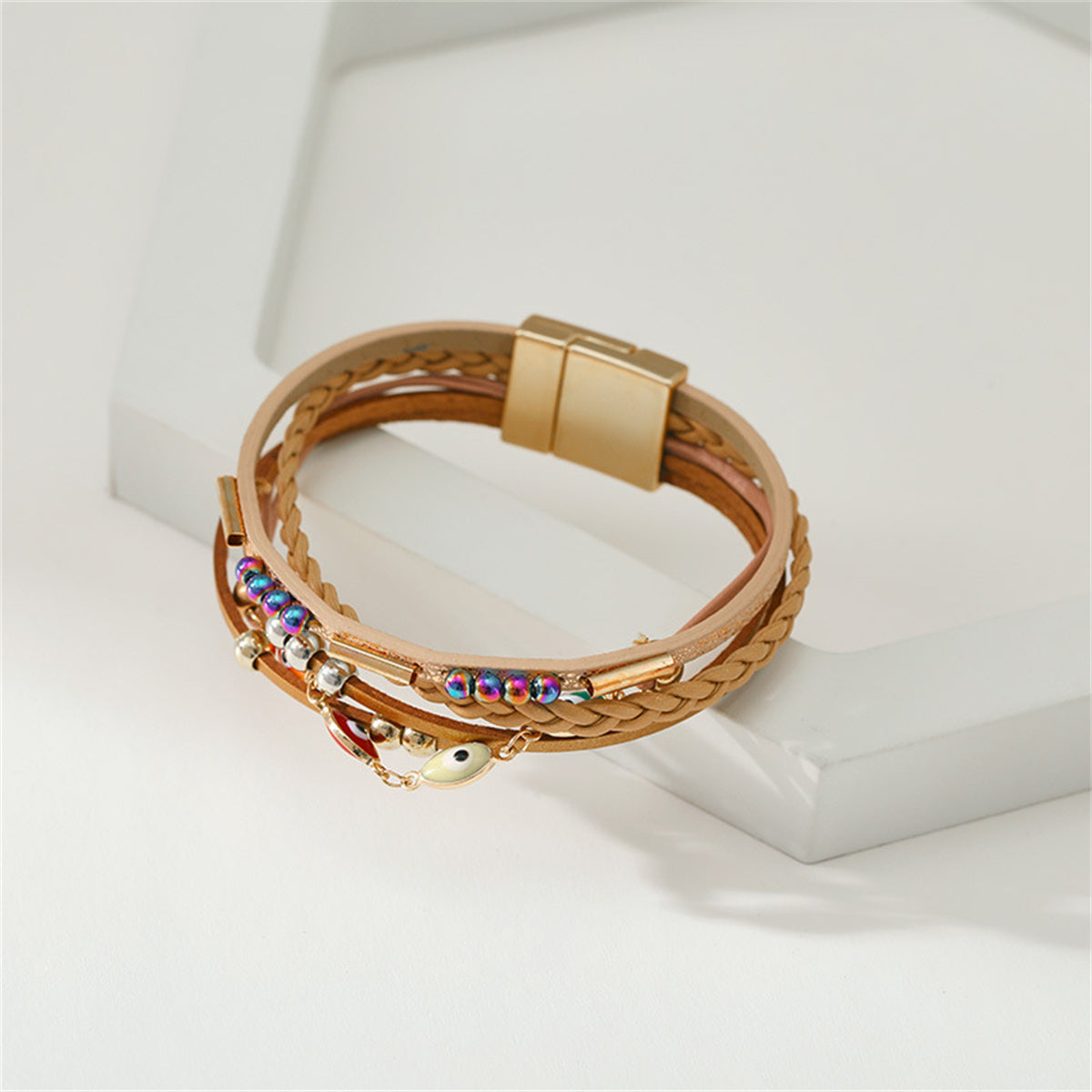 Light Brown Polystyrene and Enamel 18K Gold-Plated Evil Eye Multistrand Bracelet, gold bracelet for women, lifestyle look