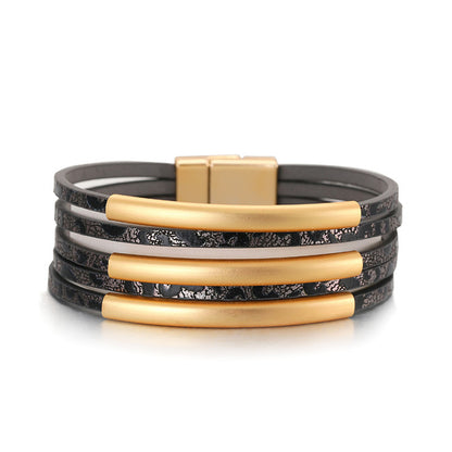 Black Polystyrene and 18K Gold-Plated Leopard Bar Multistrand Cuff, gold bracelet for women, elegant gift for her, front view